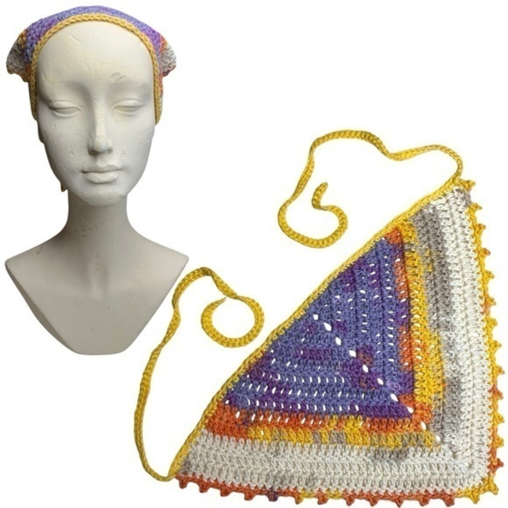Colorful Crochet Triangle Bandanna Head Scarf Handcrafted Handmade Cotton Boho